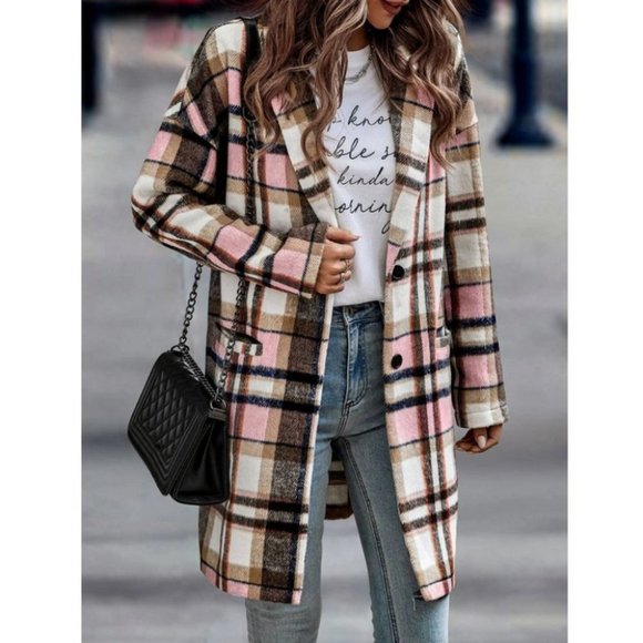 Casual Double Pocket Lapel Neck Plaid print Overcoat Jacket - Picture 2 of 6